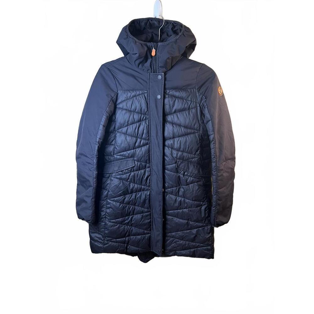 Save The Duck Women's Black UltraLight Hooded Mid Length Puffer Jacket Size 1